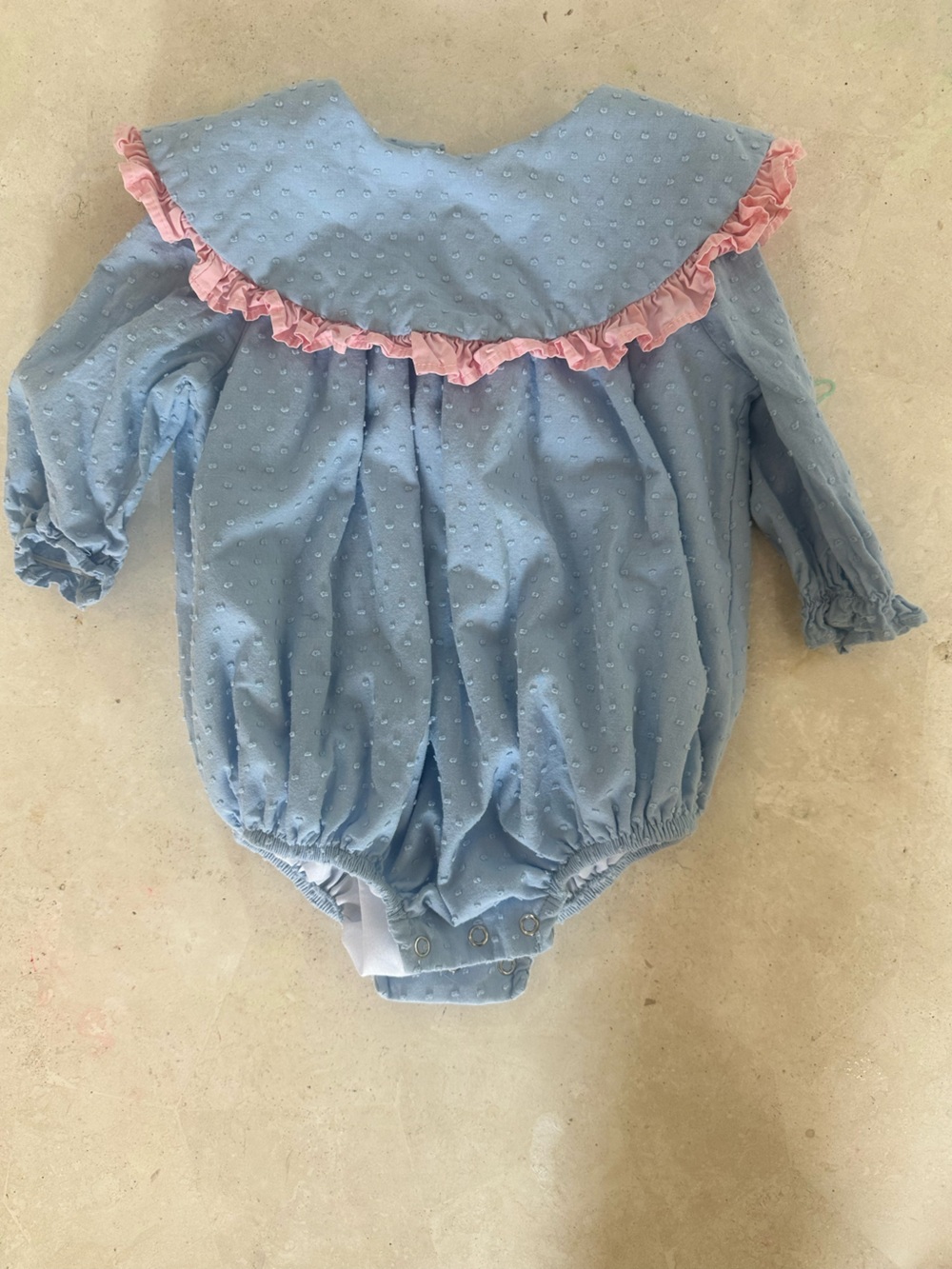Stitchy fish -Light Blue Swiss Dot Baby Bubble with Pink Ruffle